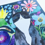 Tuxedo Cat on Books Greeting Card by Honeyberry Studios