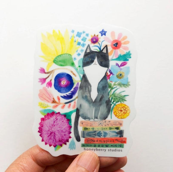 Tuxedo Cat and Books Sticker by Honeyberry Studios