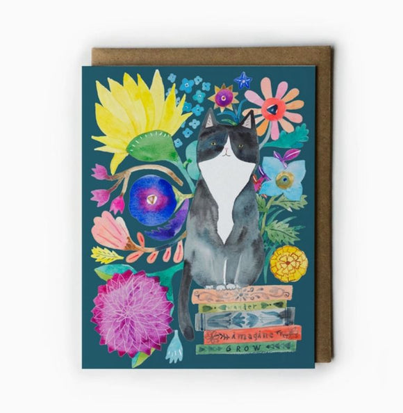 Tuxedo Cat on Books Greeting Card by Honeyberry Studios