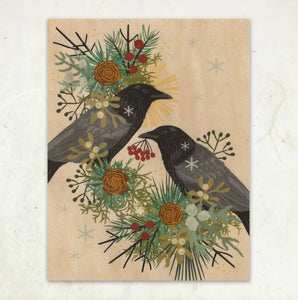 Winter Crows Wood Print by Little Gold Fox Designs