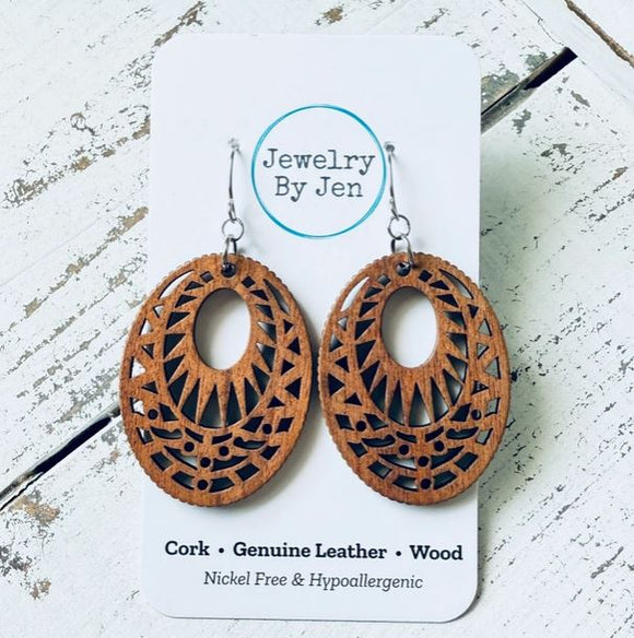 Wood Cutout Oval Earrings: Brown by Jewelry By Jen