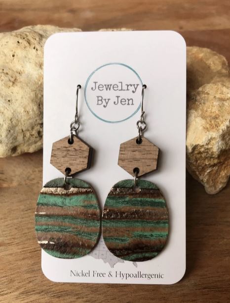 Wood Hexagon Earrings: Aqua Bronze by Jewelry By Jen