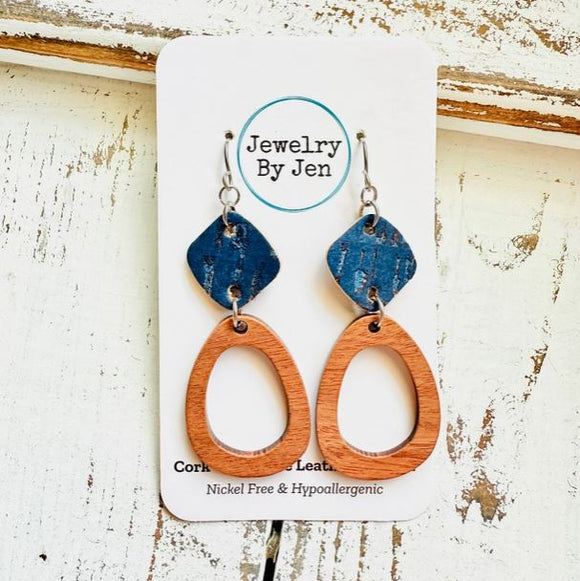 Wood Oblong Earrings: Navy Cork by Jewelry By Jen