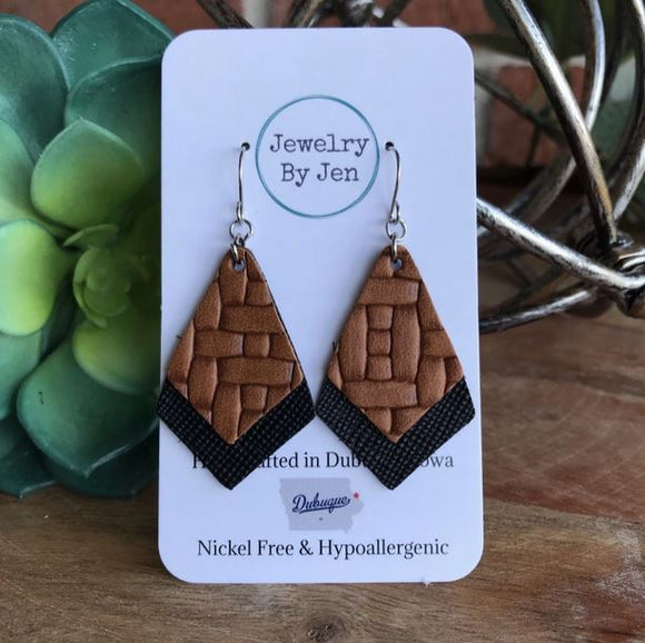Double-Stacked Earrings: Woven Cognac and Black by Jewelry By Jen