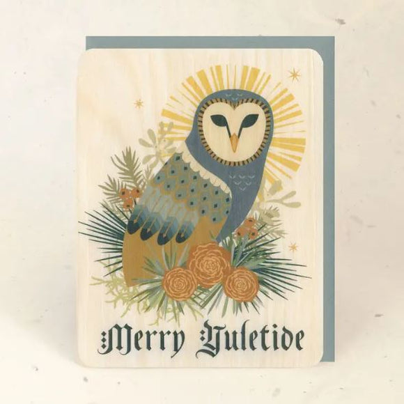 Yule Owl Holiday Wood Greeting Card by Little Gold Fox Designs