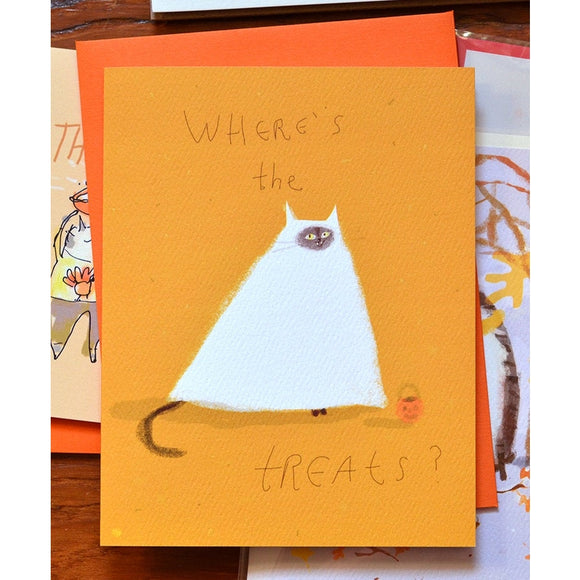 Halloween Where's The Treats? Cat Greeting Card by Jamie Shelman
