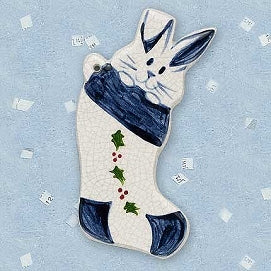 Bunny in Stocking Ceramic Ornament by Mary DeCaprio