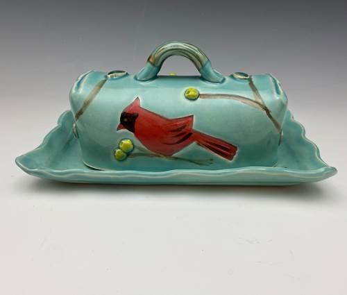 Cardinal Butterdish by Bluegill Pottery