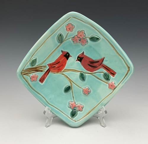 Squared Cardinal Bowl with Sprigs by Bluegill Pottery