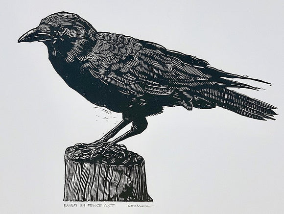 Raven on Fence Post Woodcut Print by Cary Cochrane