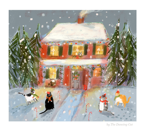 Holiday Visit Christmas Cat Print by Jamie Shelman
