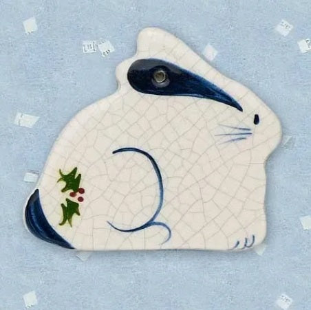 Bunny with Holly Ceramic Ornament by Mary DeCaprio