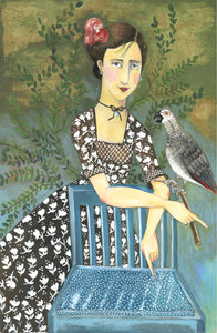 Girl with African Gray Parrot Reproduction by Beth Bird