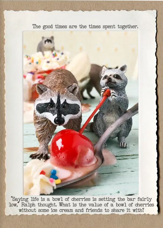 Raccoon Cherries Greeting Card by Jamie Redmond