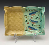 Wavy Bluebird and Basketweave Tray by Bluegill Pottery