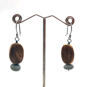 Carved and Burned Wood and Rock Earrings by Jennifer Nunnelee