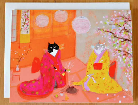 Japanese Tea Ceremony Cat Greeting Card by Jamie Shelman