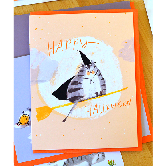 Halloween Broomstick Cat Greeting Card by Jamie Shelman