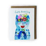 Blue Flower Kitty Birthday Greeting Card by Honeyberry Studios