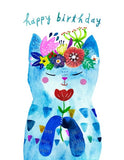 Blue Flower Kitty Birthday Greeting Card by Honeyberry Studios
