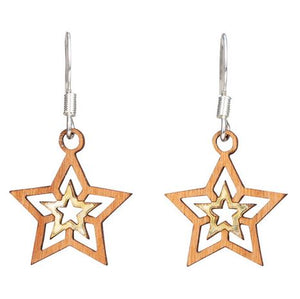 Twig Double Star Lasercut Wood Earrings by Woodcutts