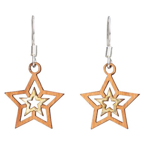 Twig Double Star Lasercut Wood Earrings by Woodcutts