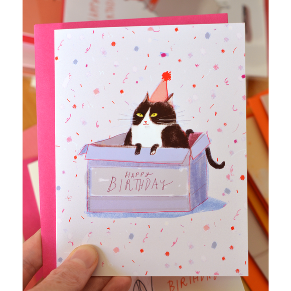 Birthday Box Cat Greeting Card by Jamie Shelman