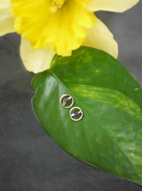 Wire Circle Stud Earrings with Matte Purple Beads - Extra Tiny by Brianna Kenyon