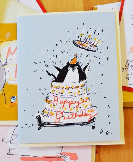 Birthday Giant Cake Cat Greeting Card by Jamie Shelman
