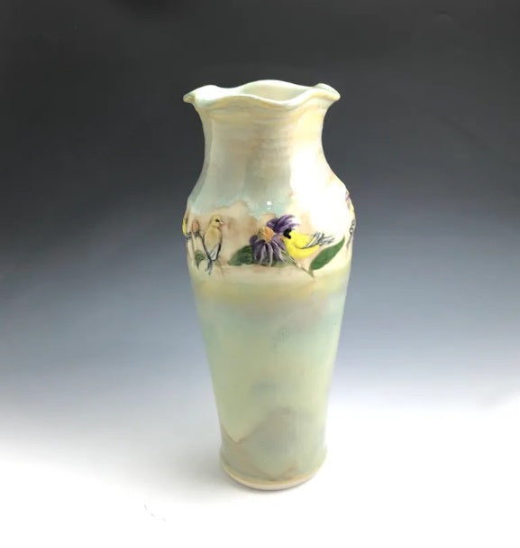 Goldfinches and Coneflowers Vase by Jen Stein