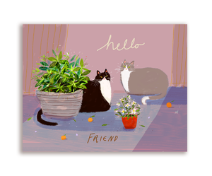 Hello Friend Garden Cat Greeting Card by Jamie Shelman