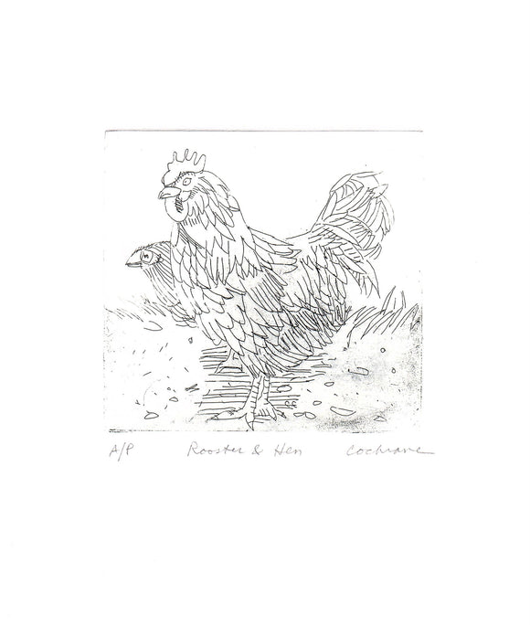 Rooster and Hen Etching by Cary Cochrane