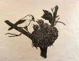 Finch Family Woodcut Print by Cary Cochrane