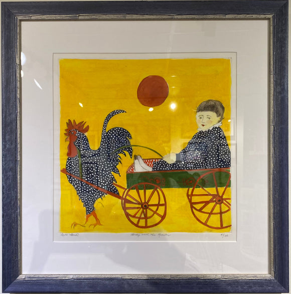 Baby and Rooster Hand-Painted Etching by Beth Bird