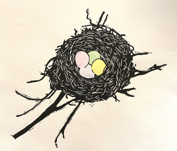 Nest with Eggs Hand-Painted Woodcut Print by Cary Cochrane