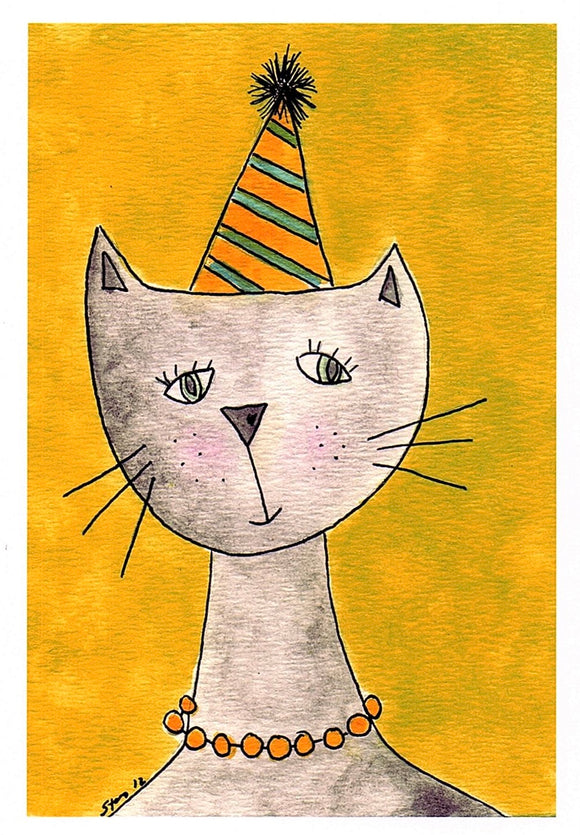 Party Hat Cat Blank Greeting Card by Stormy Mochal