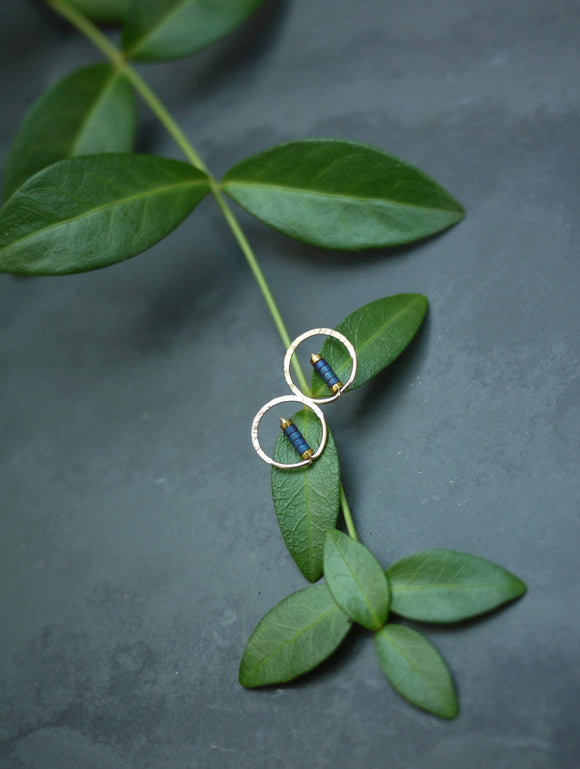 Wire Circle Stud Earrings with Blue/Gold Beads - Tiny by Brianna Kenyon