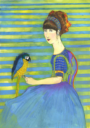 Girl Holding a Yellow Macaw Reproduction by Beth Bird