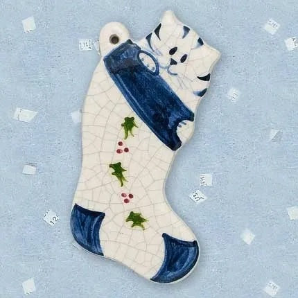Cat in Stocking Ceramic Ornament by Mary DeCaprio