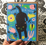 Kitty Mod Flower Birthday Greeting Card by Honeyberry Studios