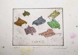 Tanks! Hand-Painted Etching by Cary Cochrane