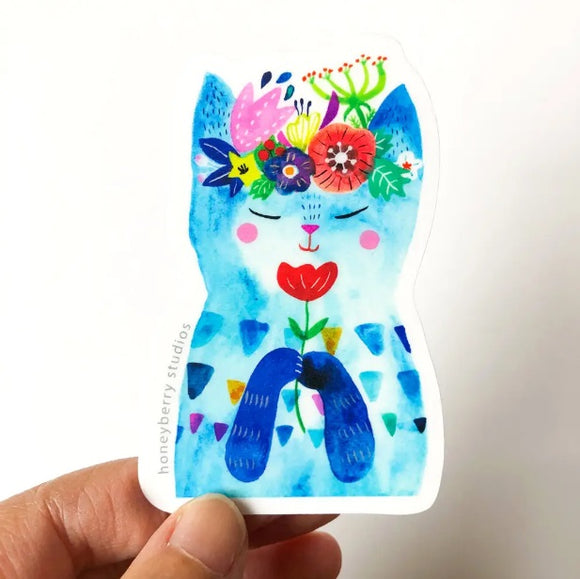 Blue Flower Kitty Sticker by Honeyberry Studios