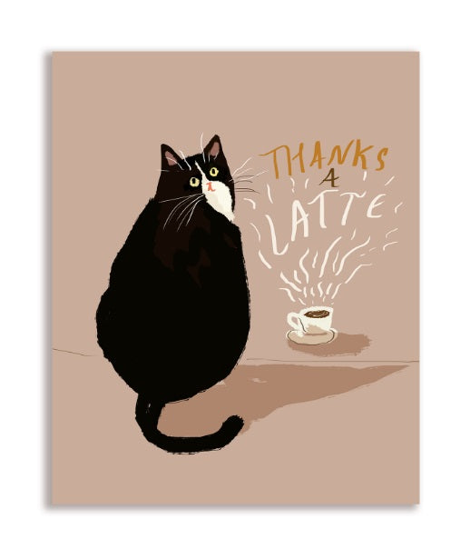 Thanks a Latte Coffee Cat Greeting Card by Jamie Shelman