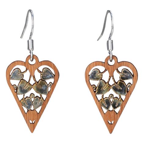 Twig Leaves in Heart Lasercut Wood Earrings by Woodcutts