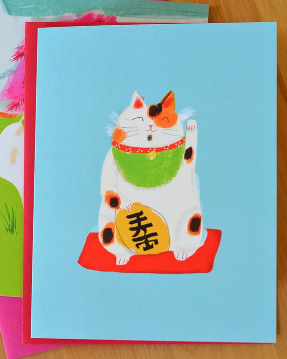 Maneki Neko Lucky Cat Greeting Card by Jamie Shelman