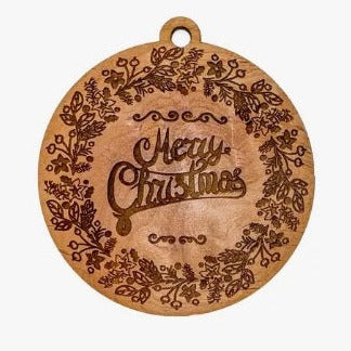 Merry Christmas Round Lasercut Ornament by Woodcutts