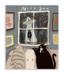 Miss You U.F.O. Cat Greeting Card by Jamie Shelman