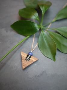 Modern Wood Triangle Necklace with Lapis Bead by Brianna Kenyon