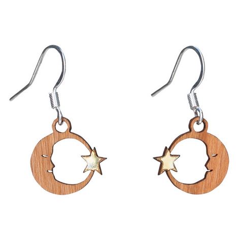Twig Moon and Star Lasercut Wood Earrings by Woodcutts