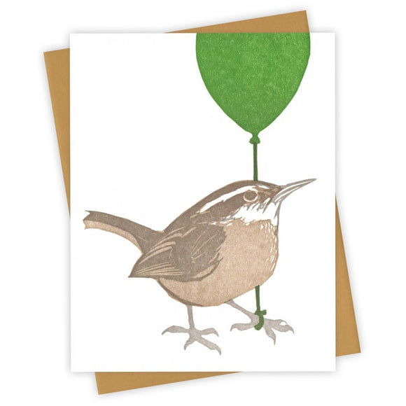 Green Balloon Wren Card by Burdock & Bramble